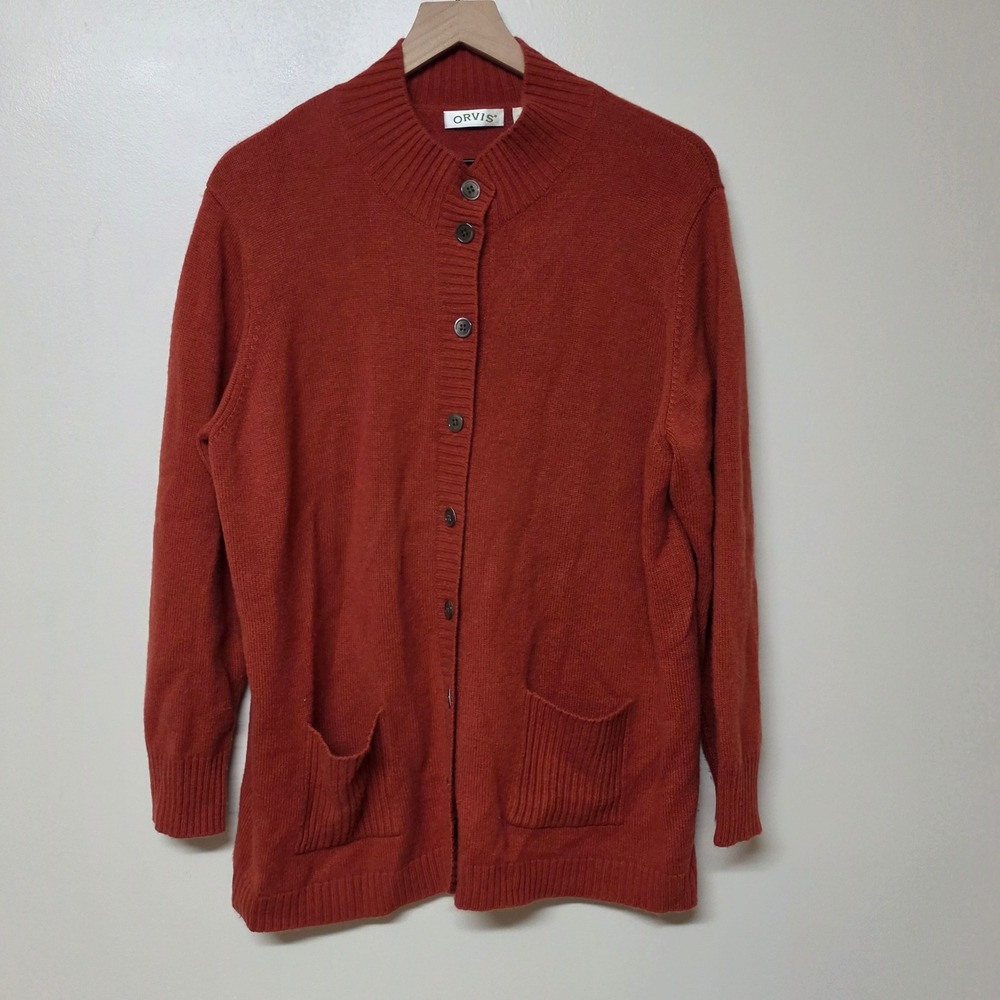 Orvis Womens XL Burnt‎ Orange 100% Cashmere Button Front Cardigan Sweater 861844